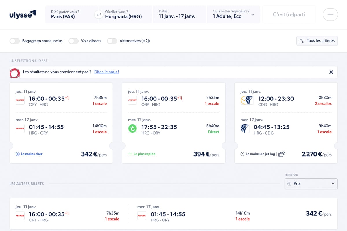 Capture d'écran des offres du comparateur de vol pour Hurghada